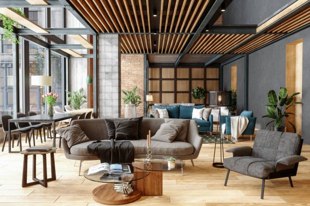 furniture showroom with plants, spotlights and brick wall